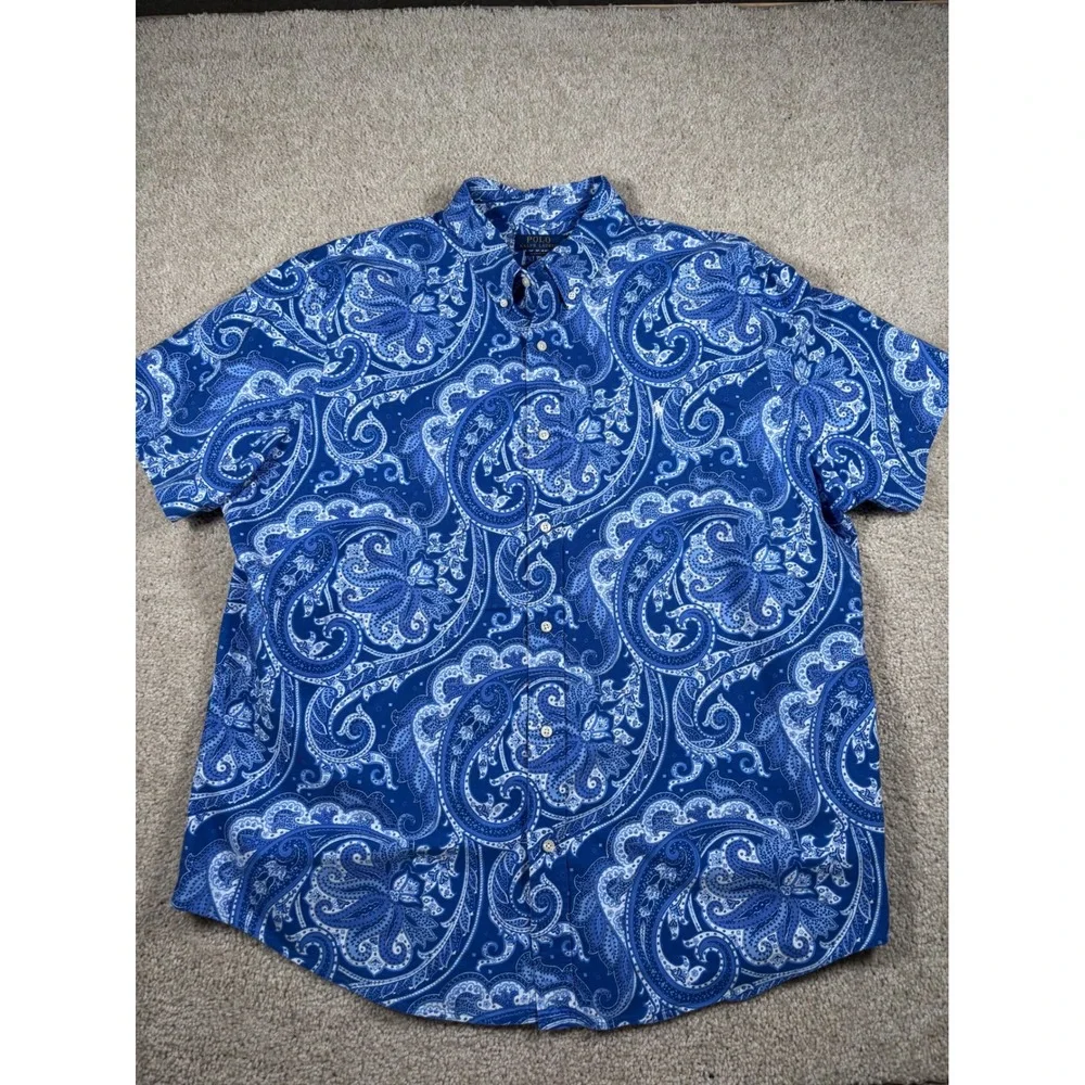 Polo Ralph Lauren Mens XXL Blue Paisley Short Sleeve Button Down Classic Shirt